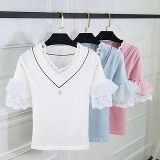 Lace Trim Short-sleeve V-neck Knit Top