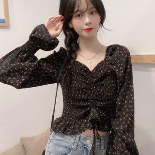Puff-sleeve Floral Drawstring Cropped Chiffon Blouse