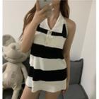 Halter-neck Striped Knit Polo Shirt As Shown In Figure - One Size