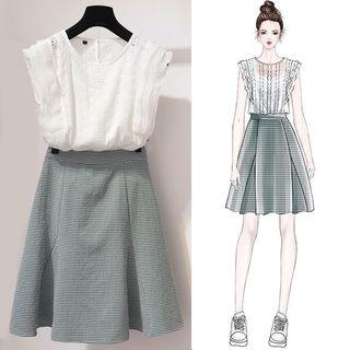Set: Sleeveless Blouse + Gingham A-line Skirt