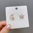 Moon & Star Faux Pearl Rhinestone Asymmetrical Earring 1 Pair - Earrings - Silver - Asymmertical - Moon & Star - Gold - One Size