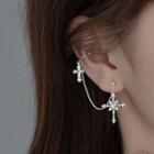 Rhinestone Cross Chain Stud Earring With Ear Cuff 1pc - Silver - One Size