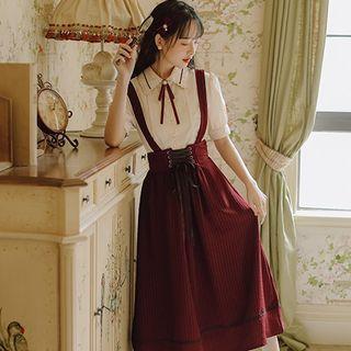 Set: Elbow-sleeve Shirt + Pinstriped Midi A-line Overall Dress