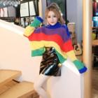 Mock Neck Striped Sweater / Faux Leather A-line Skirt