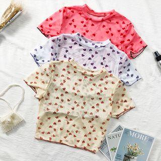 Heart-print Mesh Crop Top