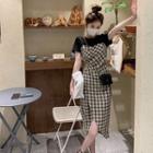 Mock Two-piece Plaid Panel Midi Sheath Dress