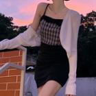 Plain Cardigan / Spaghetti Strap Plaid Dress