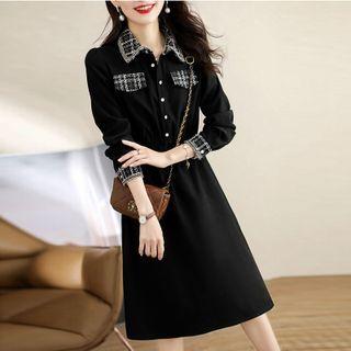 Long-sleeve Collared Tweed Panel Midi A-line Dress
