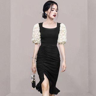 Set: Puff-sleeve Two-tone Top + Midi Mermaid Skirt