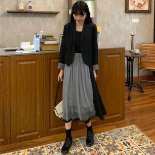 Plain Blazer / Sleeveless Asymmetric Sheer Panel Dress