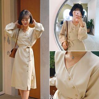 Buttoned Wrap-front Midi Dress With Sash