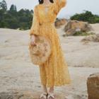 Printed Cut-out Long-sleeve Midi A-line Dress