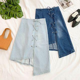 Lace-up Asymmetrical Denim Skirt