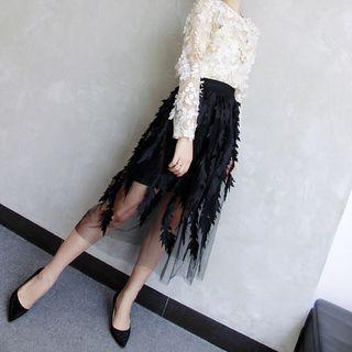 Leaf Applique Midi Tulle Skirt