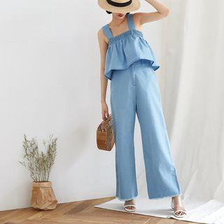 Set : Frilled Sleeveless Top + Wide Leg Jeans