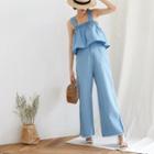 Set : Frilled Sleeveless Top + Wide Leg Jeans
