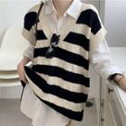 Striped V-neck Knit Vest As Shown In Figure - One Size
