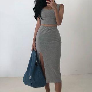 Set: Sleeveless Crop Top + Slit Midi Skirt