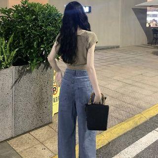 Short-sleeve Button-up Cropped T-shirt / Wide Leg Jeans