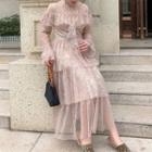 Star Print Long-sleeve Mid Tiered Dress