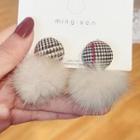 Houndstooth Button & Pom Pom Drop Earring 1 Pair - A181 - As Shown In Figure - One Size