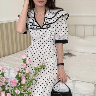Short-sleeve Layered Collar Dotted Midi A-line Dress