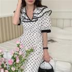 Short-sleeve Layered Collar Dotted Midi A-line Dress