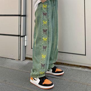 Butterfly Embroidered Wide-leg Jeans