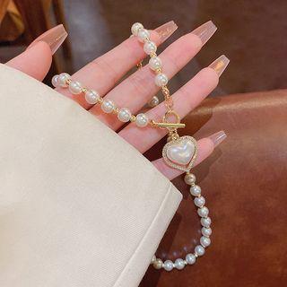 Faux Pearl Heart Necklace X905 - Gold - One Size