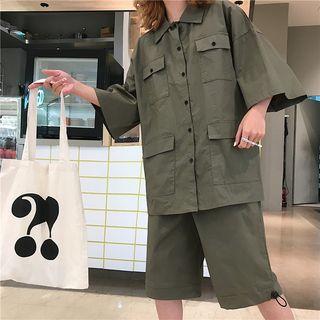 Set: Loose-fit Short-sleeve Shirt + Shorts Army Green - One Size