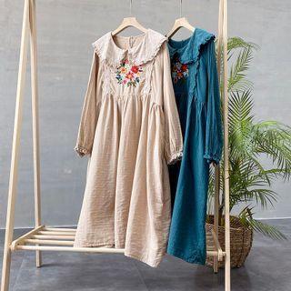 Long-sleeve Collared Embroidered A-line Dress