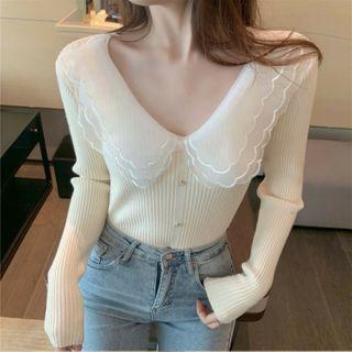 Long-sleeve Layered Mesh Collar Knit Top