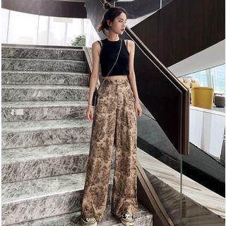 Mock Two-piece Crop Tank Top / Printed Wide-leg Pants