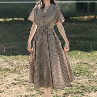 Plaid Short-sleeve Button Midi A-line Dress