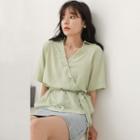 Tie-waist V-neck Elbow-sleeve Chiffon Blouse