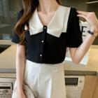 Short-sleeve Collared Two-tone Blouse