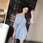Striped Off-shoulder 3/4-sleeve Shirt Dress