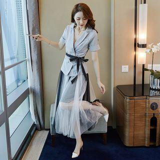 Set: Short-sleeve Blazer + Maxi Mesh Pleated Skirt
