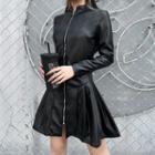 Zip-front Stand Collar Faux-leather Dress
