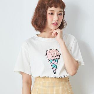 Beaded Ice-cream Print Short Sleeve T-shirt