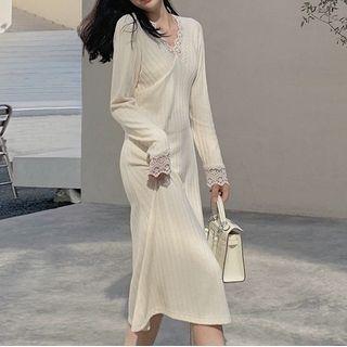 Long-sleeve Lace Trim Knit Midi Sheath Dress