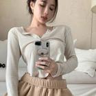 Long-sleeve Henley Cropped T-shirt Almond - One Size