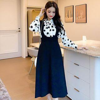 Long-sleeve Dotted Shirt / Midi A-line Suspender Skirt