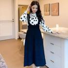 Long-sleeve Dotted Shirt / Midi A-line Suspender Skirt