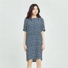 Short-sleeve Patterned Dress With Sash Blue - One Size