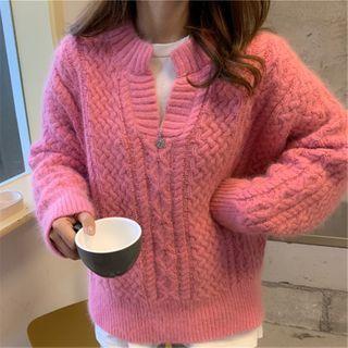 V Neck Plain Cable-knit Cropped Sweater