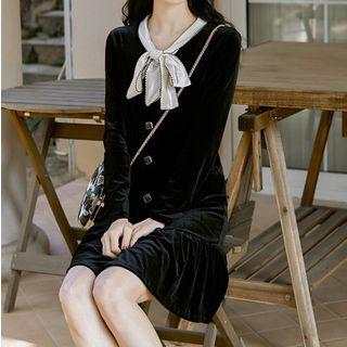 Long-sleeve Tie-neck Mini Mermaid Velvet Dress