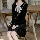 Long-sleeve Tie-neck Mini Mermaid Velvet Dress