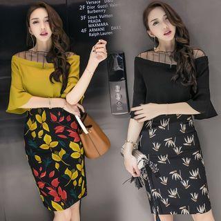 Set: Mesh Panel Elbow-sleeve Top + Print Pencil Skirt