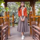 Color Block 3/4-sleeve Frog-button Jacket / Plaid Midi A-line Skirt / Set